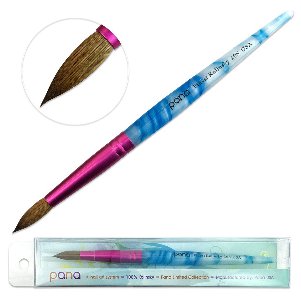 USA Acrylic Nail Brush Pure Kolinsky Hair Acrylic White Swirl Blue Handle with Pink Ferrule round Shaped - Size 10