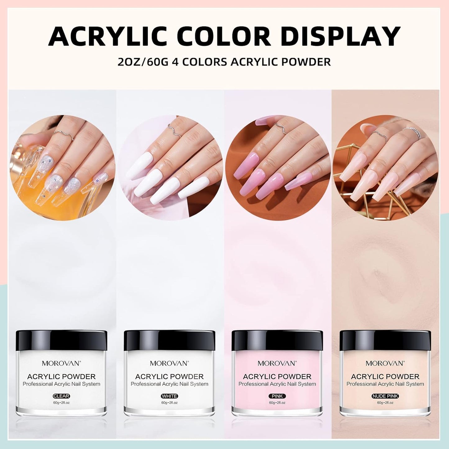 Acrylic Nail Powder Set: 4 Colors Clear Nude Pink White Acrylic Powder Colored Acrylic Nail Powder for Acrylic Nail Extension Carving