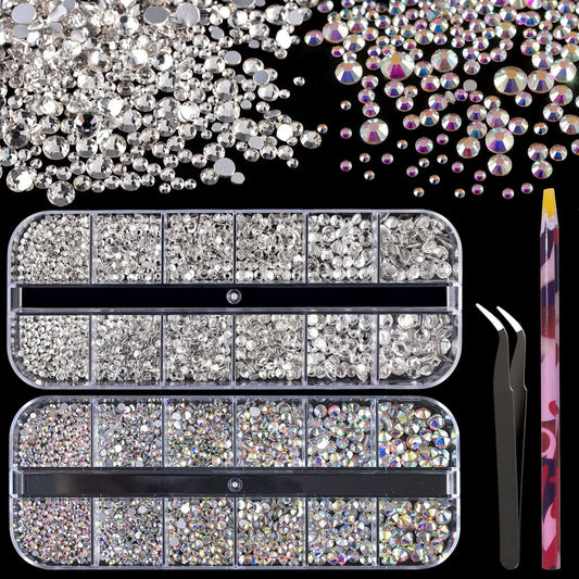 3440Pcs 6 Sizes Transparent White and AB Glass Crystal Kit with Pickup Pen + Tweezer Tools for Iridescent Shine Nail Art Manicure Makeup DIY Deco Flatback round Bead Rhinestone Gem Jewelry Diamond