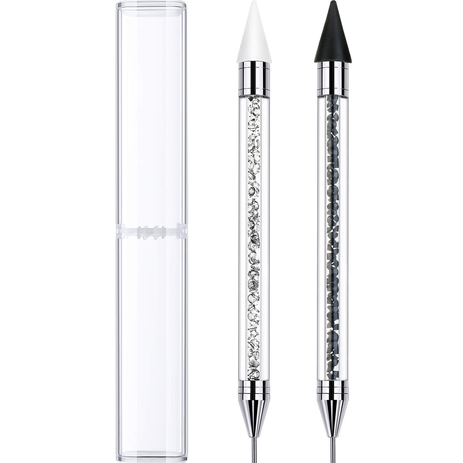 2 Pieces Rhinestone Picker Dotting Pen, Dual-Ended Rhinestone Gems Crystals Studs Picker Wax Pencil Pen Crystal Beads Handle Manicure Nail Art DIY Decoration Tool (Black White)