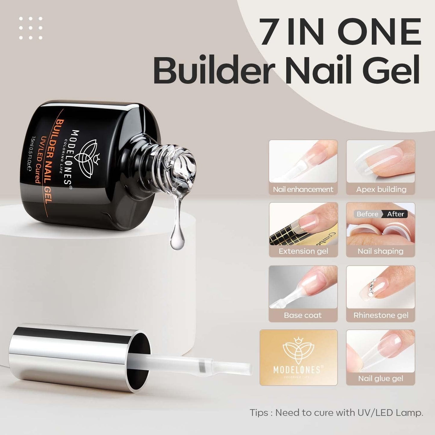 Builder Nail Gel, 7-In-One Clear Gel Builder for Nail Thickening, LED Nail Lamp Cured Hard Gel Nail Strengthener Extension Gel Base Rhinestone Nail Glue Gel in a Bottle