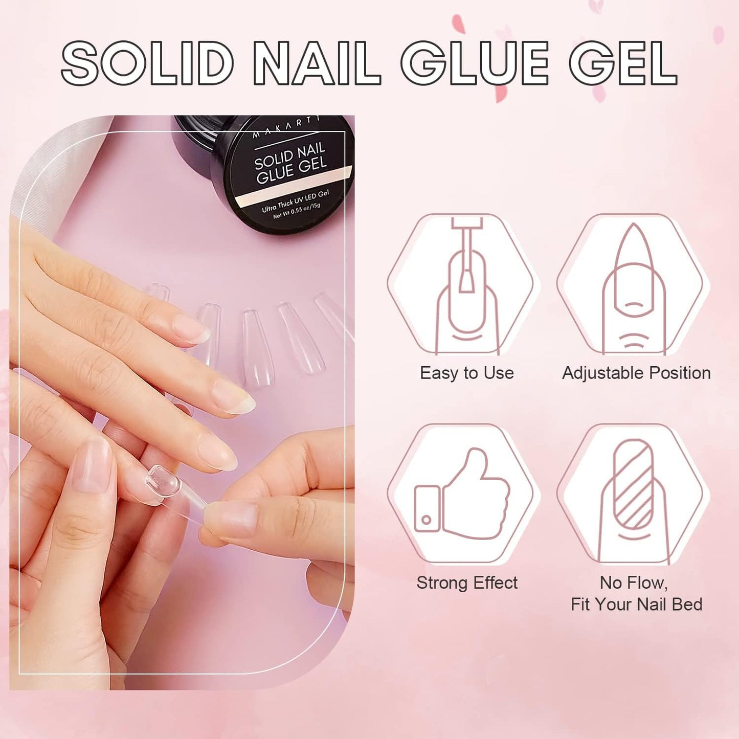 Solid Nail Glue Gel for Press on Nails- Strong Clear Acrylic Nail Tips Solid Gel Nail Glue for Fake Nails Soft Gel Nail Tips Solid Hard Gel for Nails Nail Art DIY Home 15ML UV Light Cured