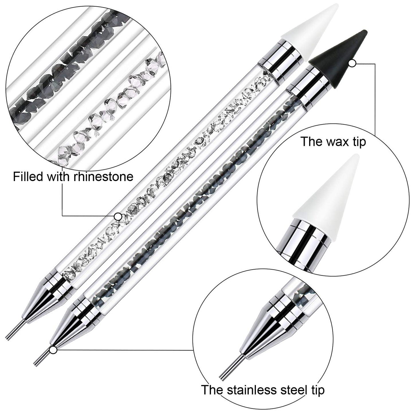 2 Pieces Rhinestone Picker Dotting Pen, Dual-Ended Rhinestone Gems Crystals Studs Picker Wax Pencil Pen Crystal Beads Handle Manicure Nail Art DIY Decoration Tool (Black White)