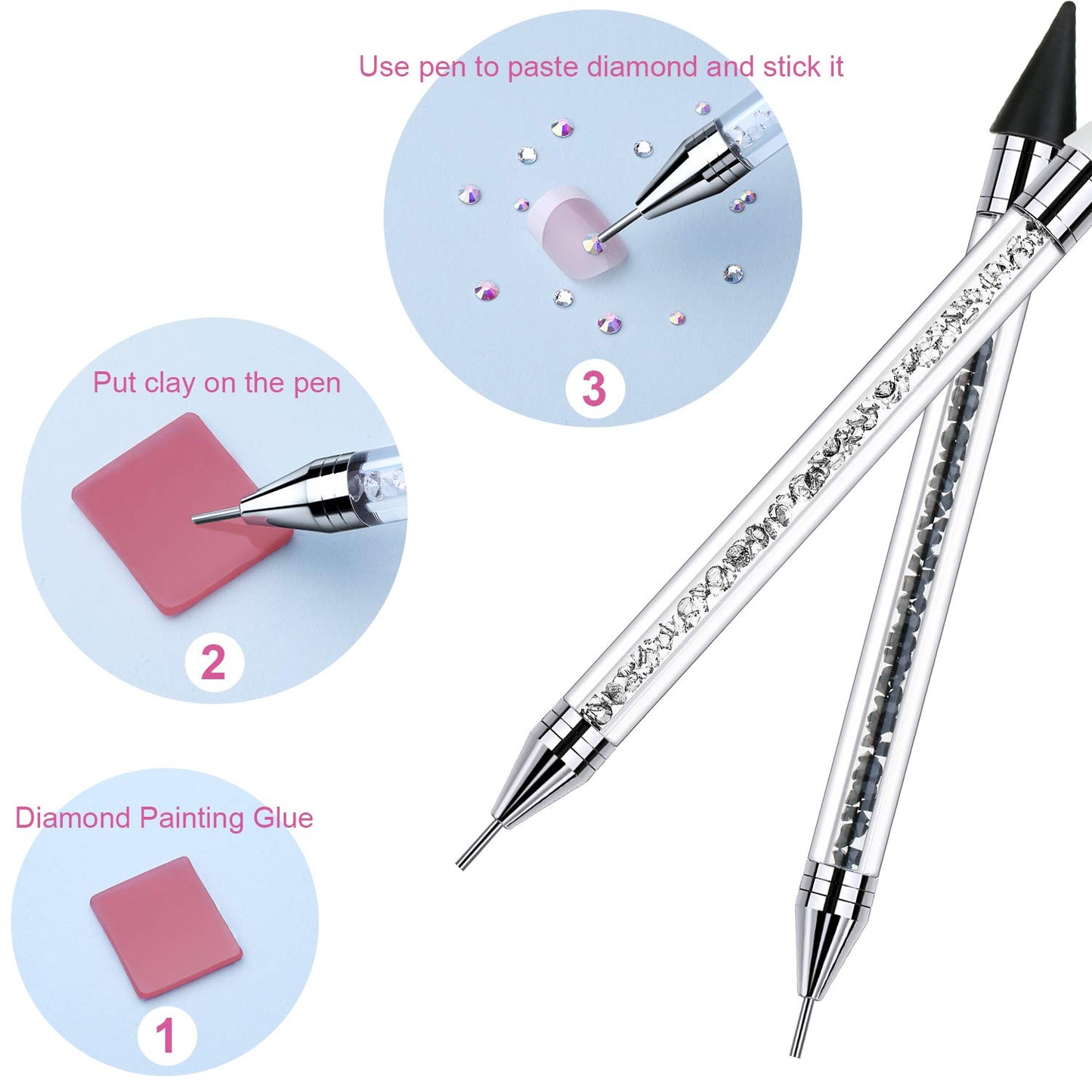 2 Pieces Rhinestone Picker Dotting Pen, Dual-Ended Rhinestone Gems Crystals Studs Picker Wax Pencil Pen Crystal Beads Handle Manicure Nail Art DIY Decoration Tool (Black White)