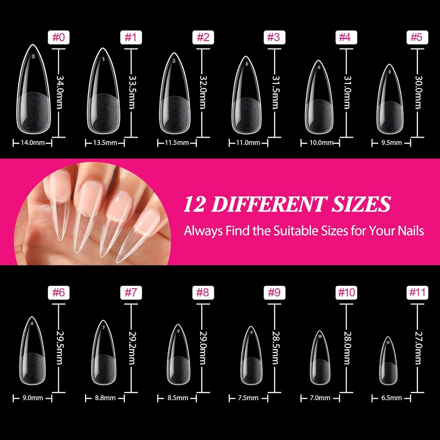 Long Stiletto Gel X Nail Tips Full Cover 504PCS Pre-Shape Long Stiletto Almond Fake Clear Nails Tips No Need File Stiletto Gel Tips No C Curve for Nail Extension DIY Art Salon 12 Sizes