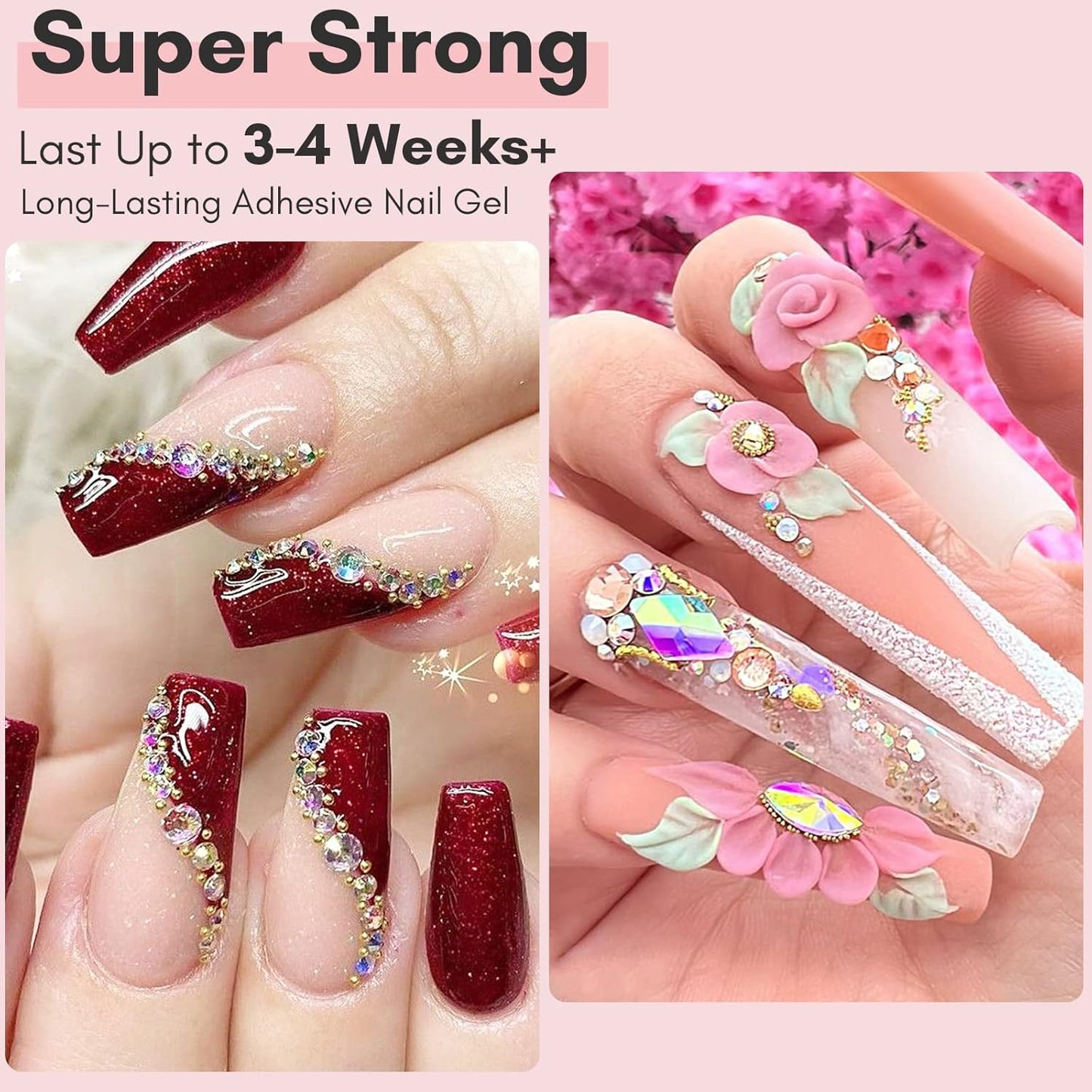 Nail Rhinestone Glue for Nails: Super Strong Gel Nail Glue for Valentines Day Decorations Nail Charm 3D Nails Bling Gel for Nail Gem Nail Art Jewel Diamonds 30ML Cured Need Beauty Gift