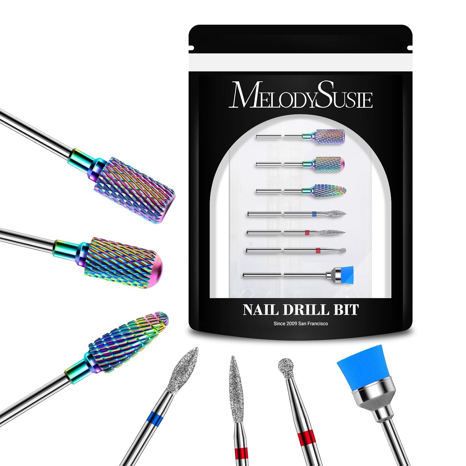 Nail Drill Bits Set, 7Pcs Tungsten Carbide Diamond Nail Drill Bits for Acrylic Nails Poly Gel Cuticle Remove, 3/32'' Professional Nail Bits for Nail Drill Efile, Manicure Pedicure Tools