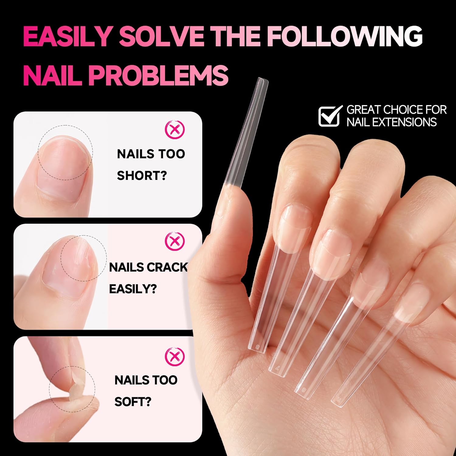 Extra Long Coffin Nail Tips No C Curve 504PCS XXL Coffin Nails Half Cover Long Coffin Gel X Nails Tips Clear Fake False Nails Long Gel Extensions for Nail Art Salon Home DIY No Need File