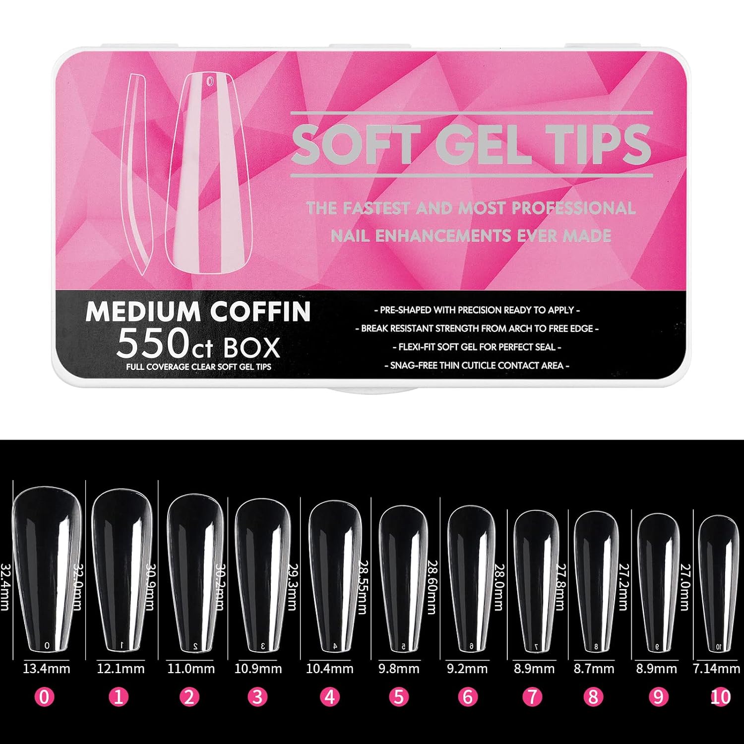 550Pcs Coffin Nail Tips, Medium Coffin Soft Gel X Nail Tips, 11 Sizes Full Cover Acrylic False Nail Tips, for Beginner and Professional Home Salon Diy