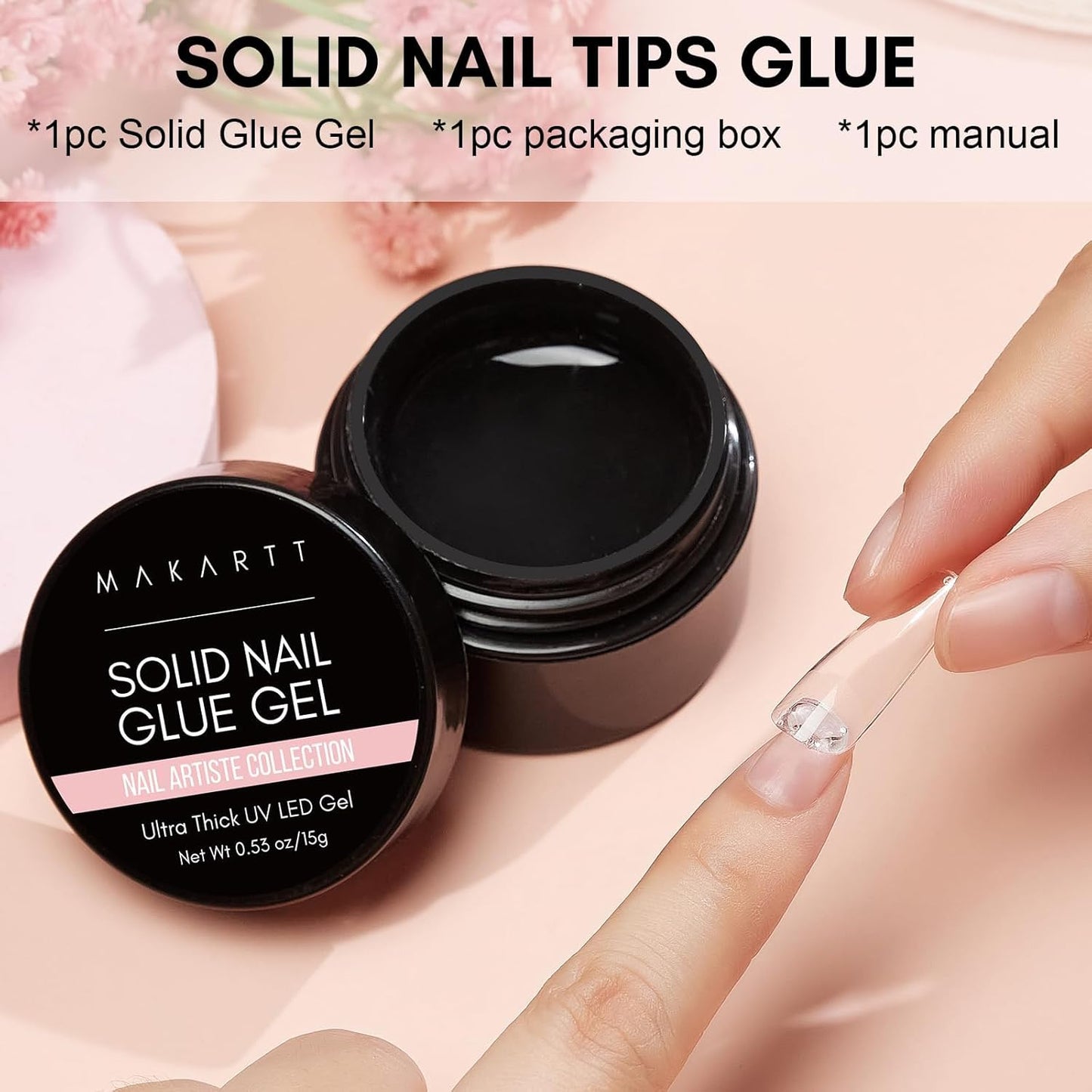 Solid Nail Glue Gel for Press on Nails- Strong Clear Acrylic Nail Tips Solid Gel Nail Glue for Fake Nails Soft Gel Nail Tips Solid Hard Gel for Nails Nail Art DIY Home 15ML UV Light Cured