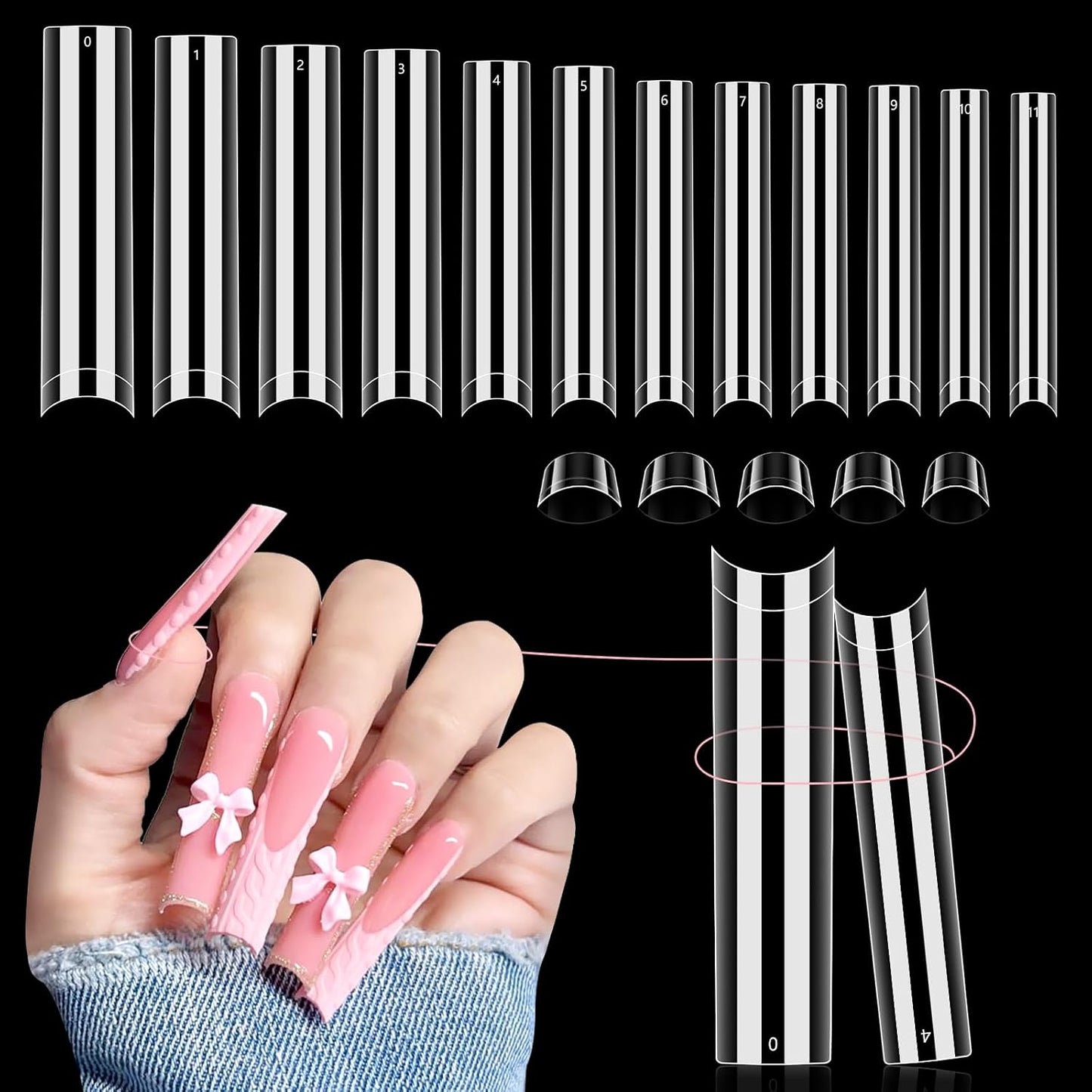 504 PCS No C Curve Clear Nail Tips for Acrylic Nails Professional, 3XL Extra Long, 12 Sizes Half Cover Straight Tapered Square French Fake Nail Tips for Nail Salons Home DIY