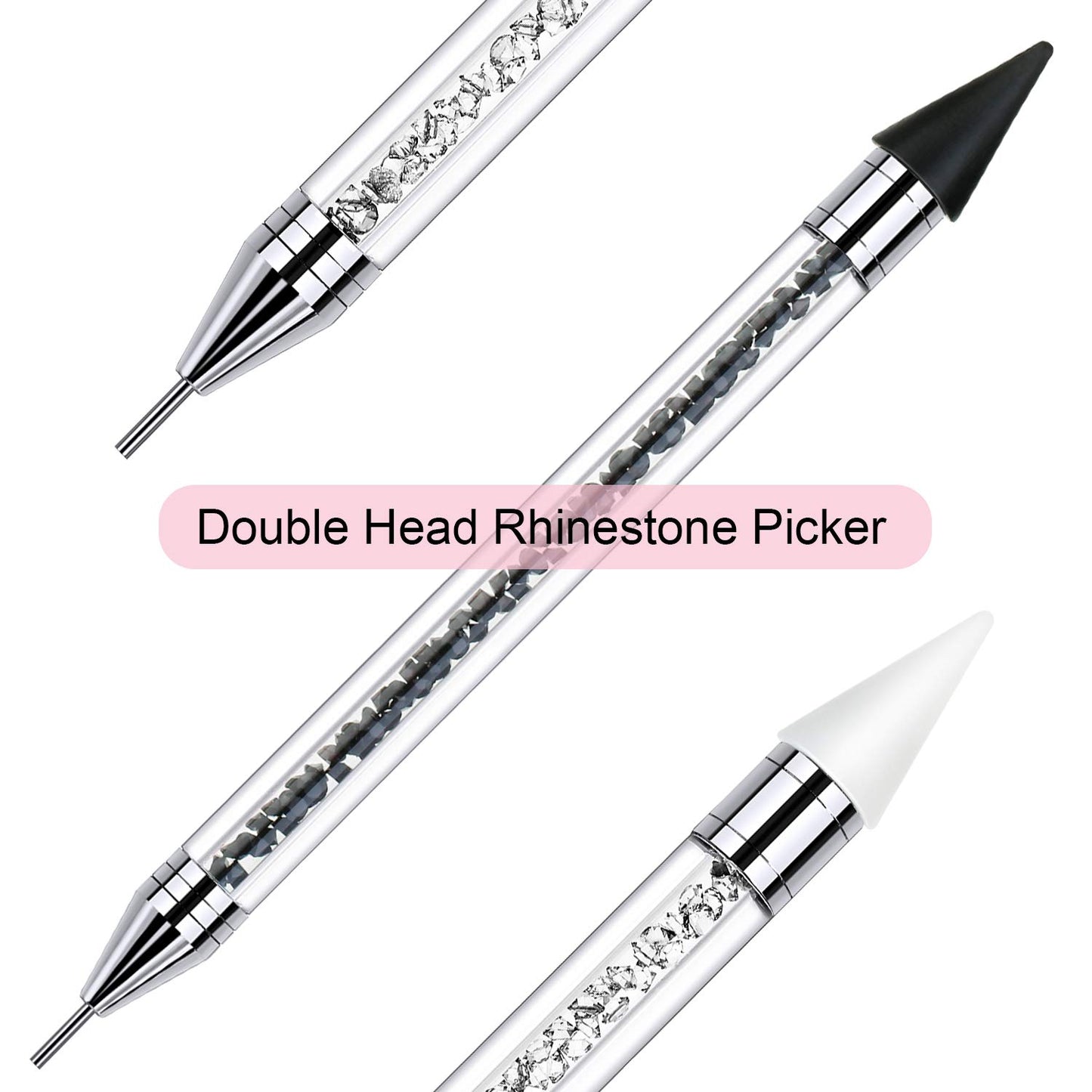 2 Pieces Rhinestone Picker Dotting Pen, Dual-Ended Rhinestone Gems Crystals Studs Picker Wax Pencil Pen Crystal Beads Handle Manicure Nail Art DIY Decoration Tool (Black White)