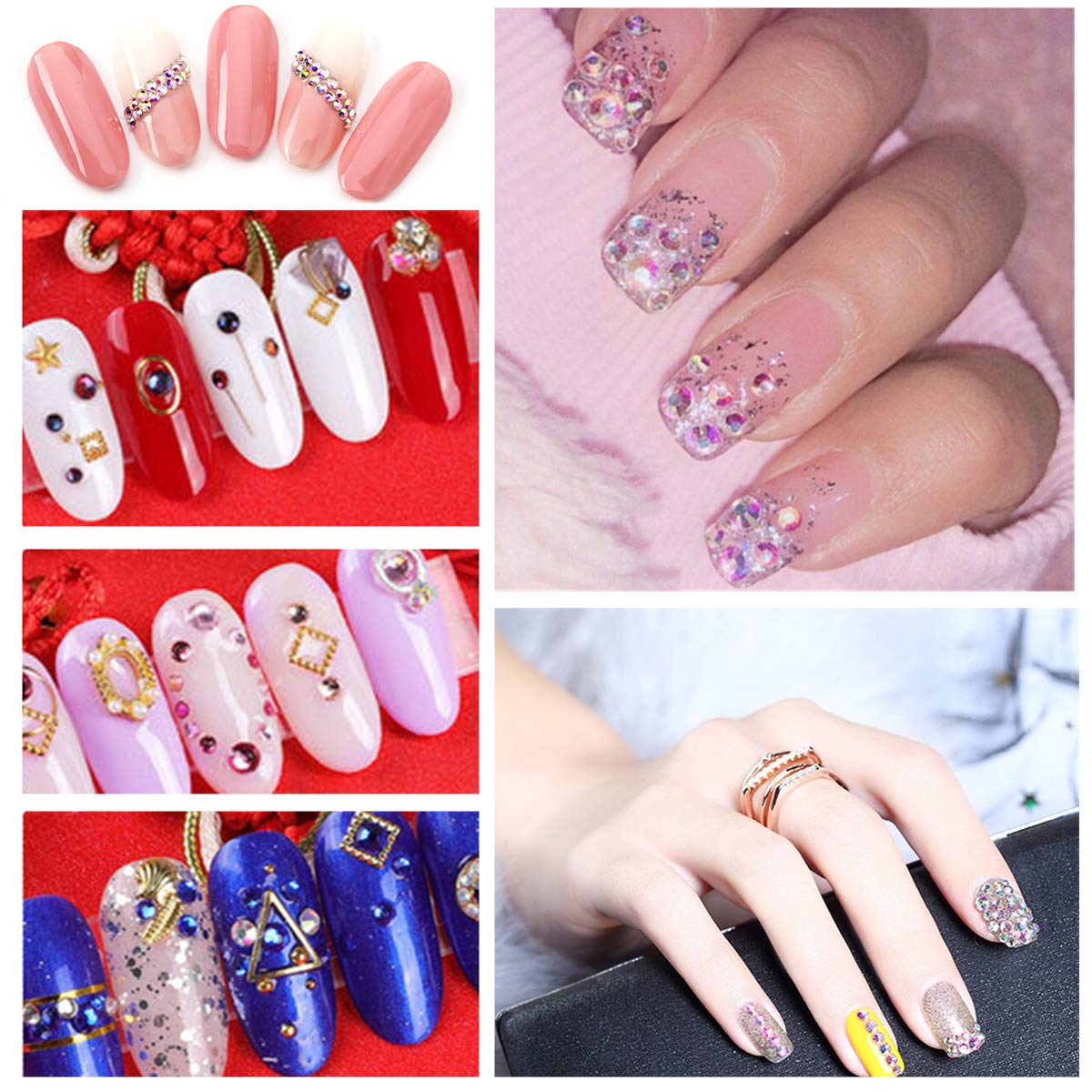 5 Boxes Shiny Colorful Nail Art Rhinestones Kit 3D Flatback Horse Eye Rhinestones Irregular Nail Stone and 4 Sheets Flower Nail Stickers with a Curved Tweezers and a Nail Brush (Multicolor)