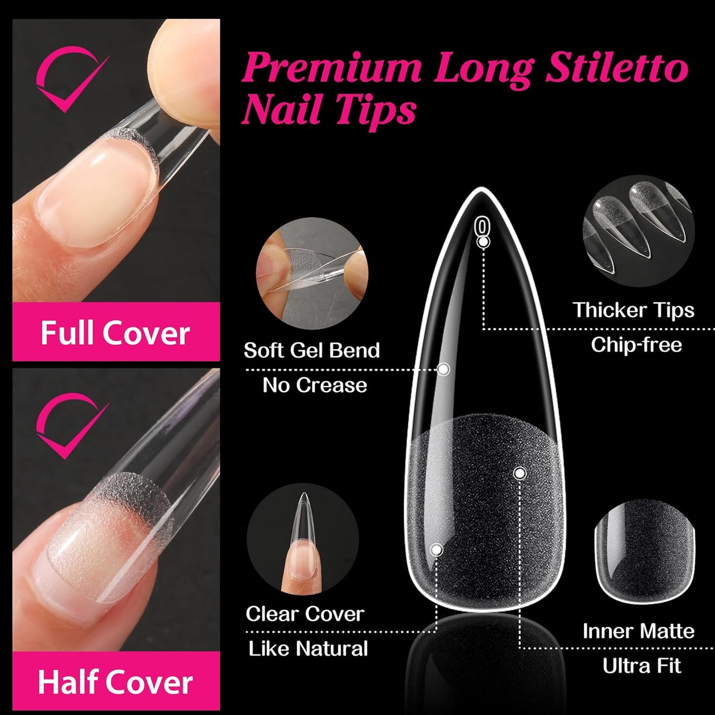 Long Stiletto Gel X Nail Tips Full Cover 504PCS Pre-Shape Long Stiletto Almond Fake Clear Nails Tips No Need File Stiletto Gel Tips No C Curve for Nail Extension DIY Art Salon 12 Sizes