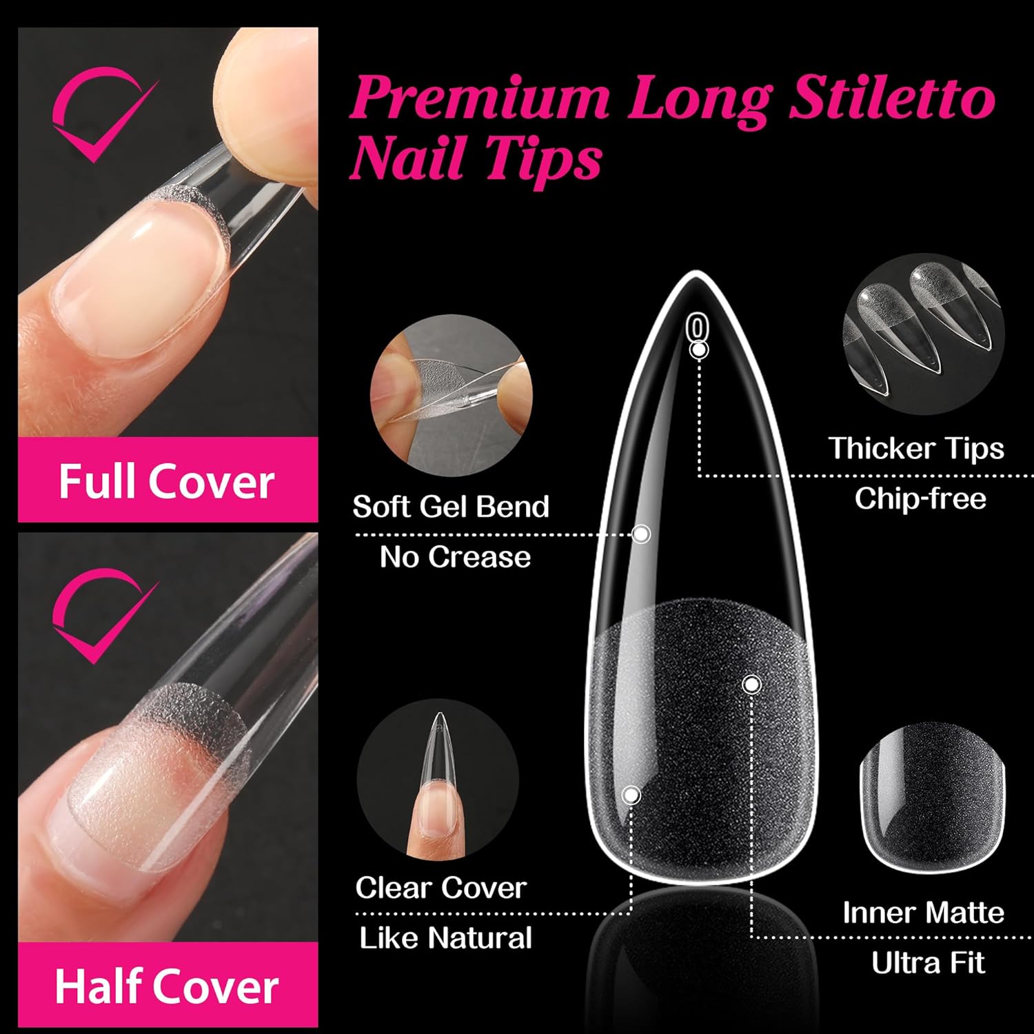 Long Stiletto Gel X Nail Tips Full Cover 504PCS Pre-Shape Long Stiletto Almond Fake Clear Nails Tips No Need File Stiletto Gel Tips No C Curve for Nail Extension DIY Art Salon 12 Sizes