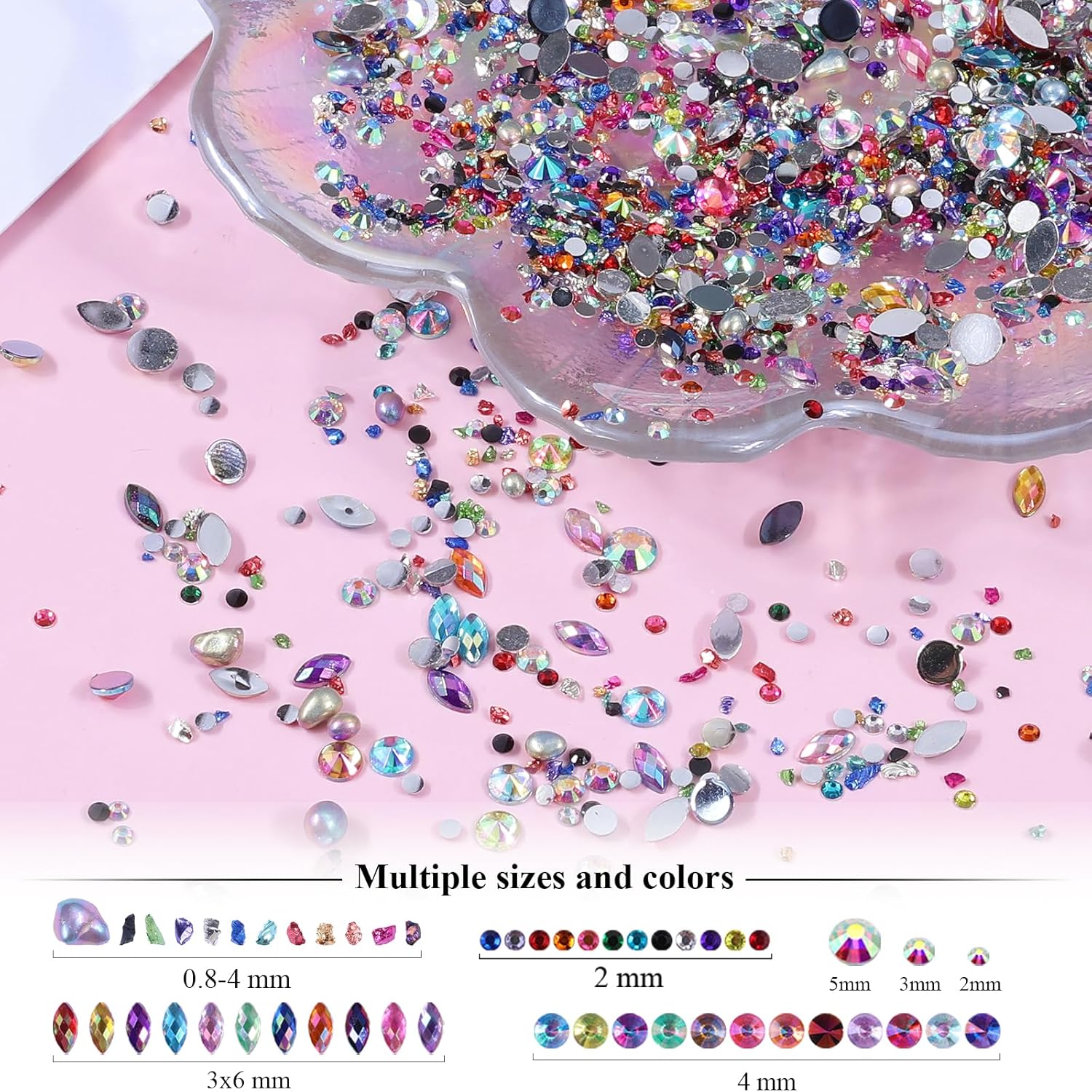 5 Boxes Shiny Colorful Nail Art Rhinestones Kit 3D Flatback Horse Eye Rhinestones Irregular Nail Stone and 4 Sheets Flower Nail Stickers with a Curved Tweezers and a Nail Brush (Multicolor)