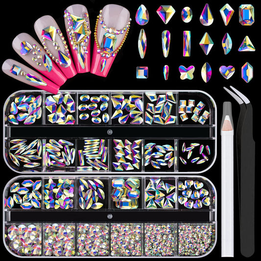 18 Styles Multi-Shaped Glass Gemstones for Nails and 6 Sizes round Crystal Rhinestones Kit #1, Iridescent AB Nail Art Charm Bead Manicure Decoration with Pickup Pencil and Tweezer