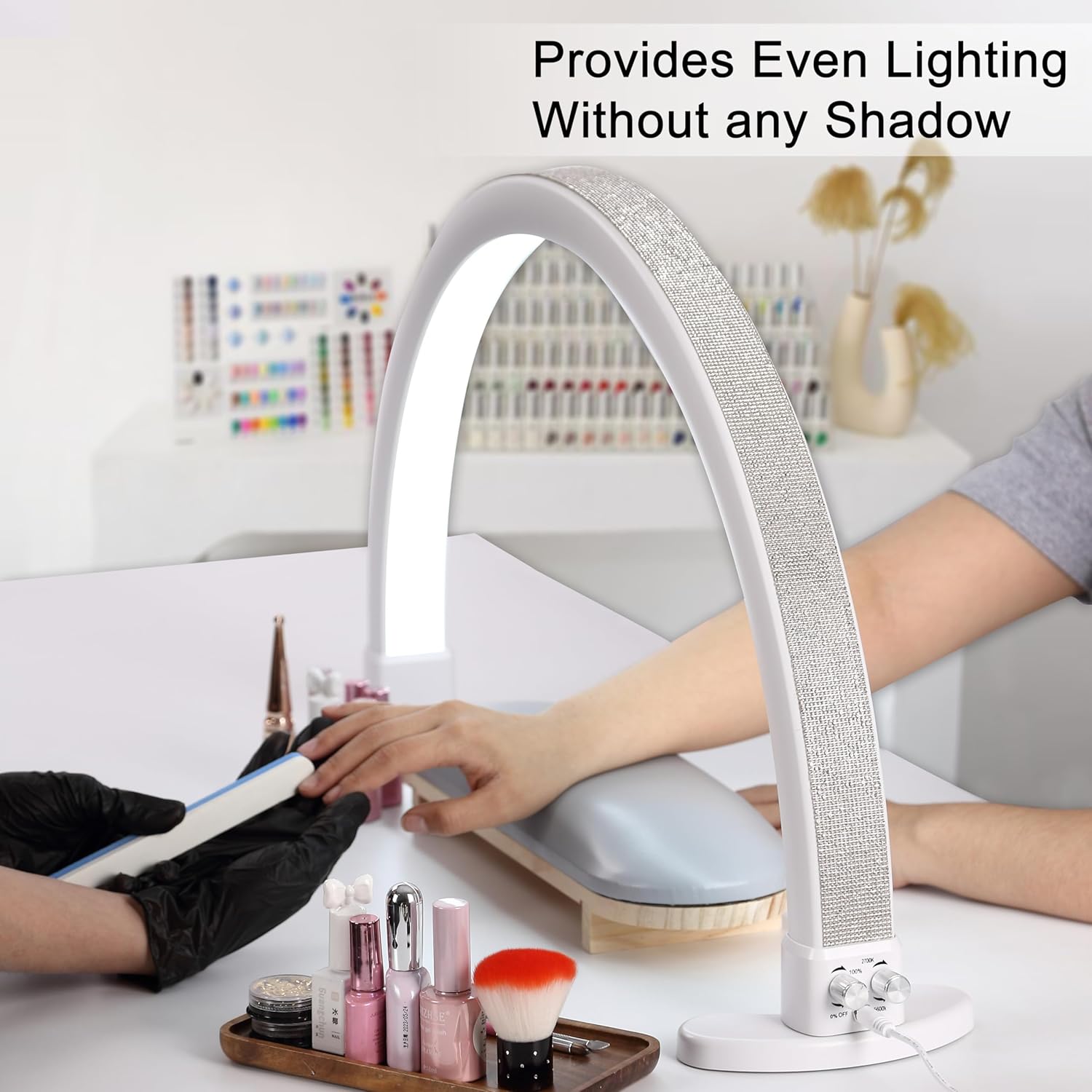 Half Moon Light for Nail Desk, 28 Inch Nail Tech Desk Lamp Stepless Adjustment Lash Lamp for Eyelash Extensions, Manicure, Tattoo Lighting Lamp (White)