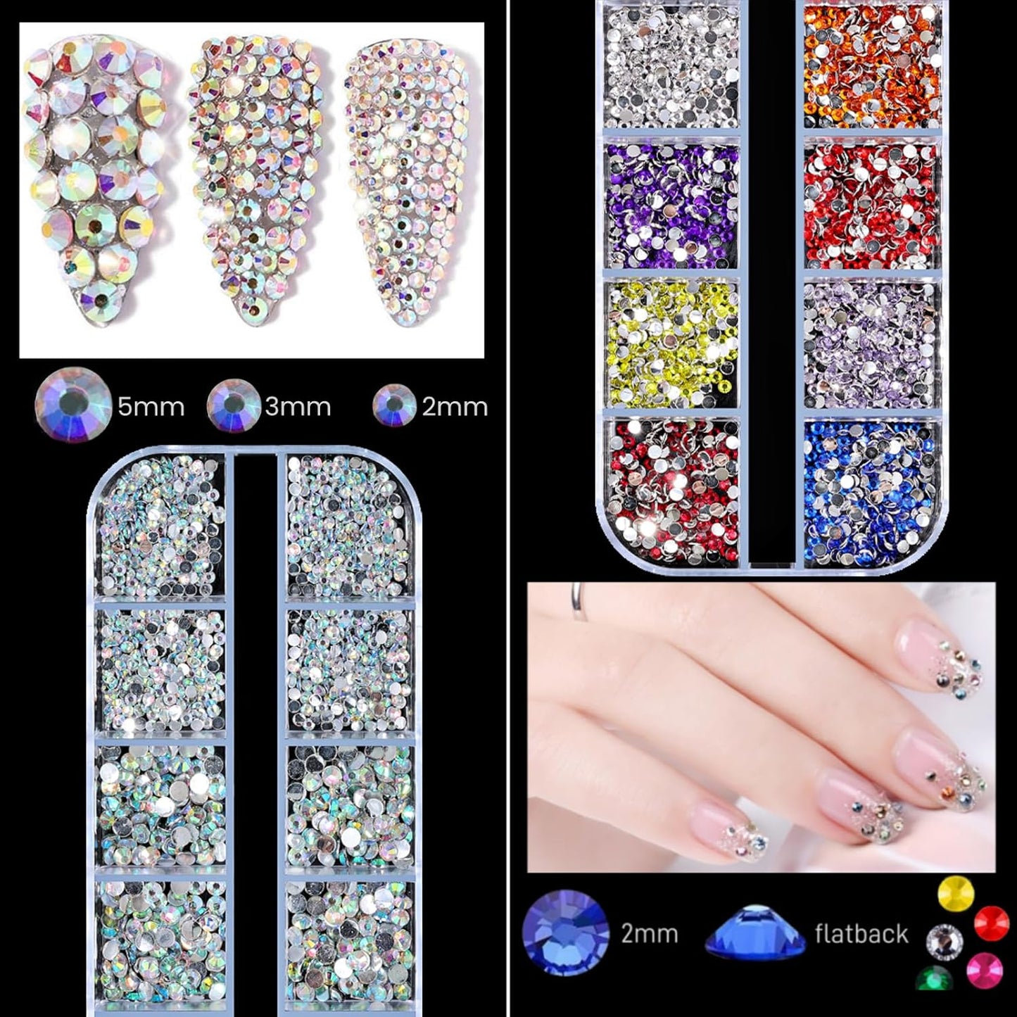 5 Boxes Shiny Colorful Nail Art Rhinestones Kit 3D Flatback Horse Eye Rhinestones Irregular Nail Stone and 4 Sheets Flower Nail Stickers with a Curved Tweezers and a Nail Brush (Multicolor)