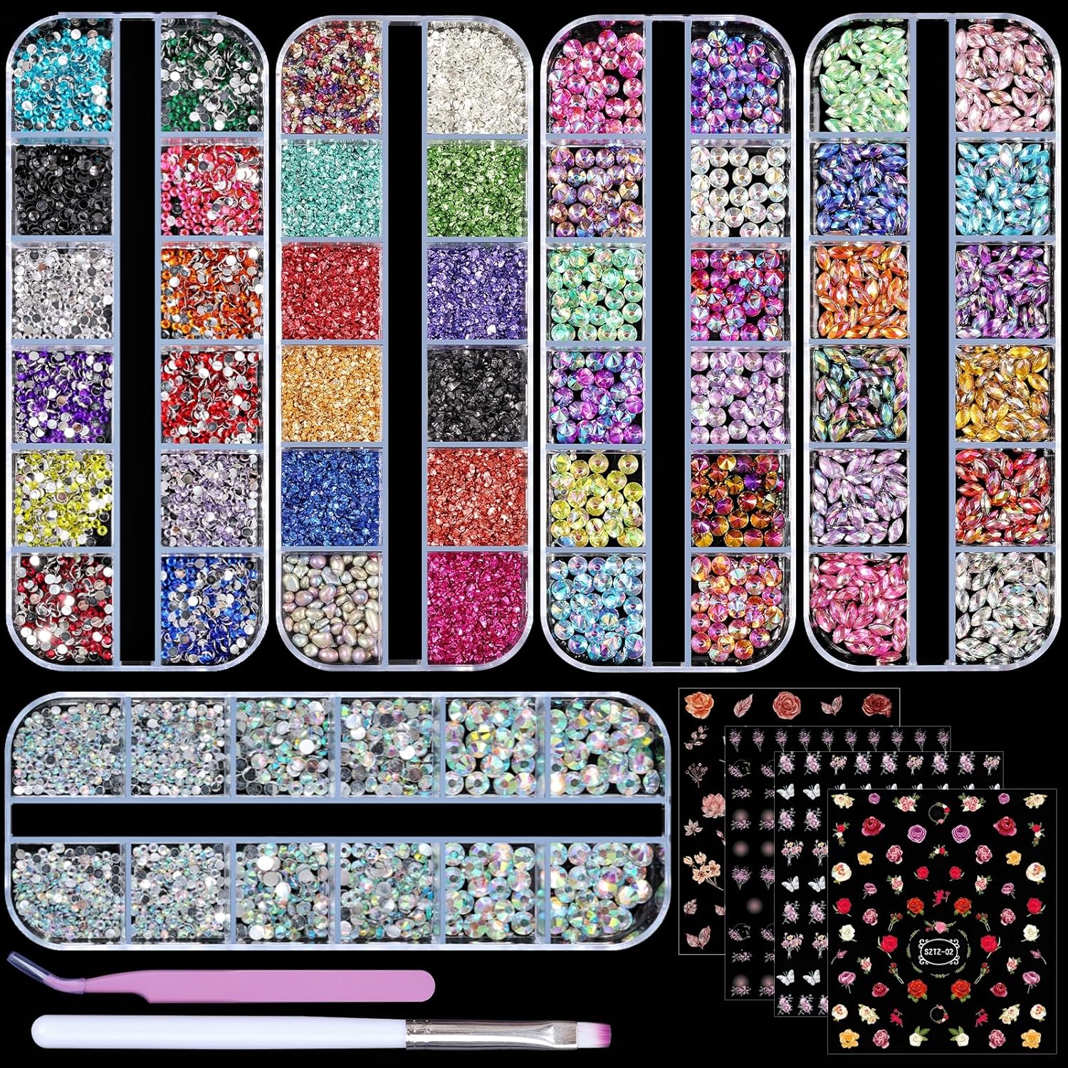 5 Boxes Shiny Colorful Nail Art Rhinestones Kit 3D Flatback Horse Eye Rhinestones Irregular Nail Stone and 4 Sheets Flower Nail Stickers with a Curved Tweezers and a Nail Brush (Multicolor)