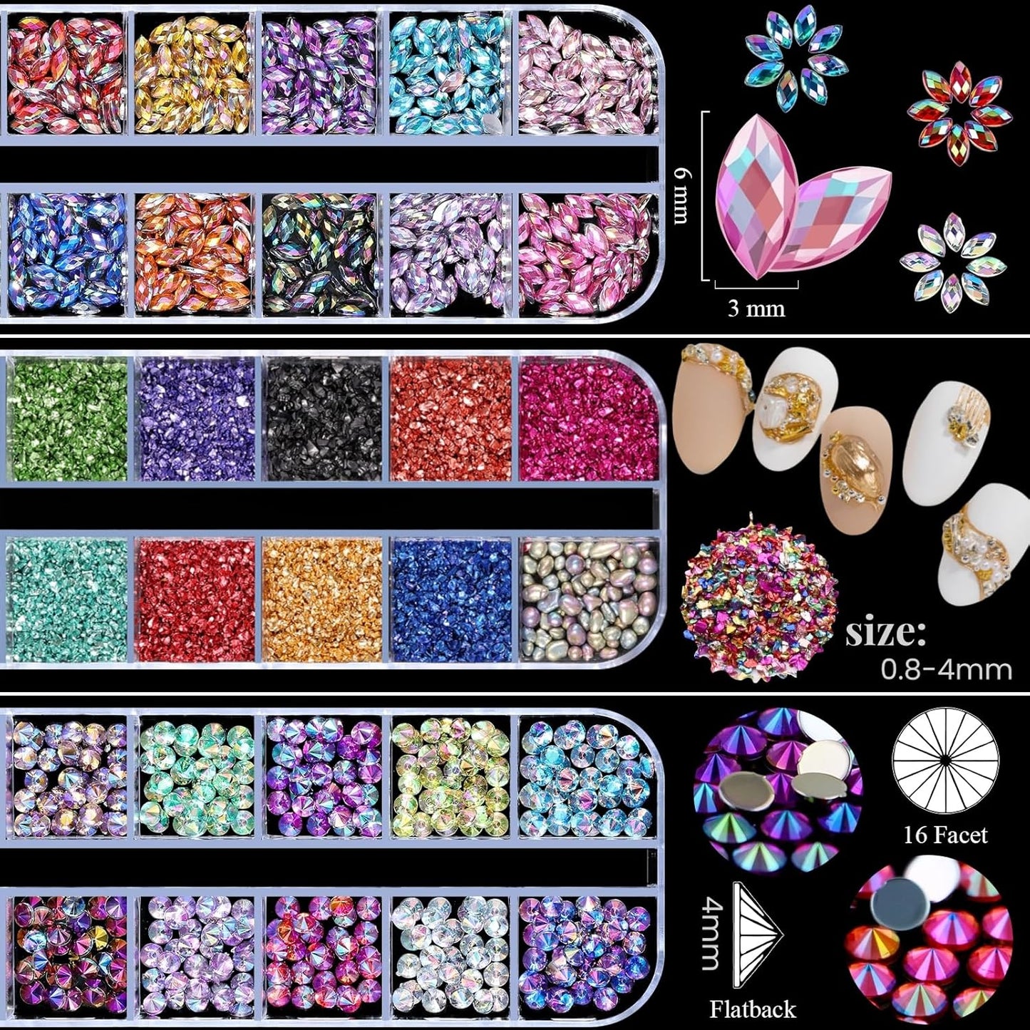 5 Boxes Shiny Colorful Nail Art Rhinestones Kit 3D Flatback Horse Eye Rhinestones Irregular Nail Stone and 4 Sheets Flower Nail Stickers with a Curved Tweezers and a Nail Brush (Multicolor)