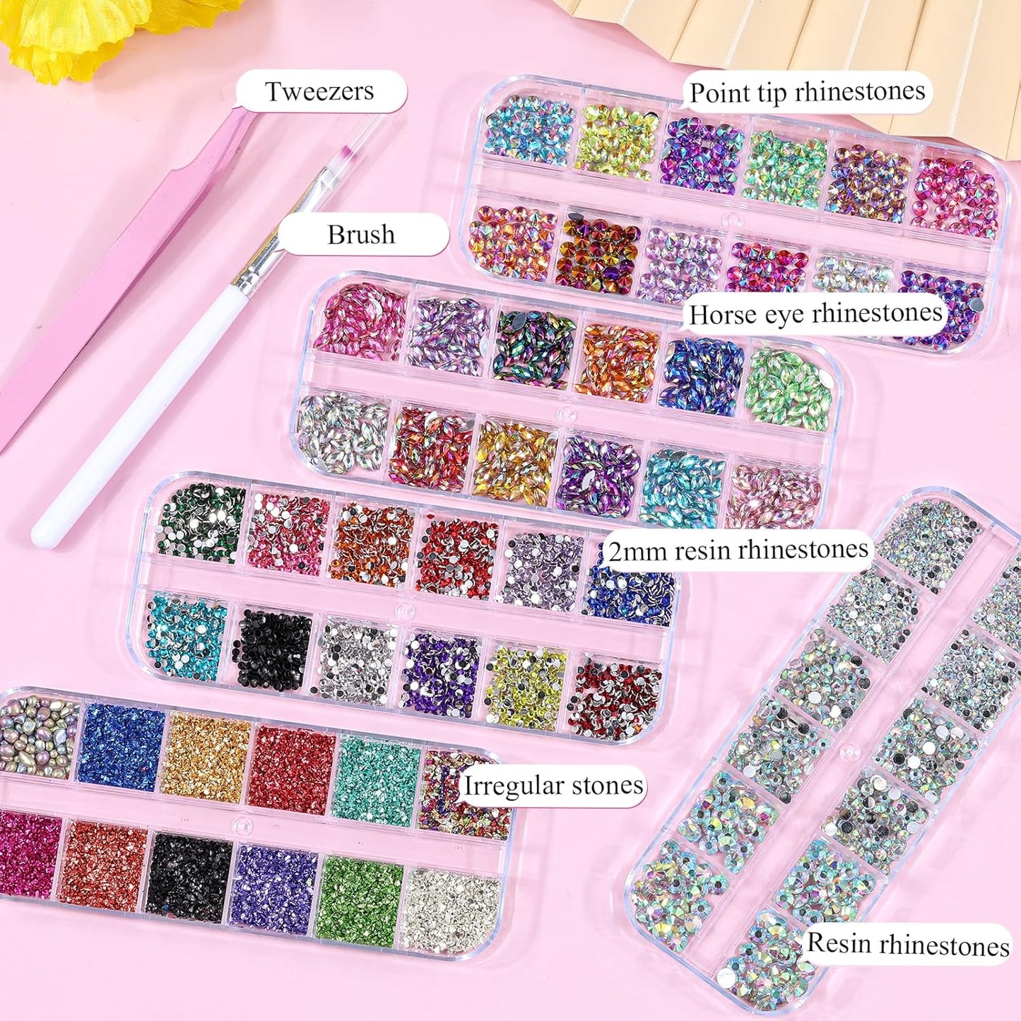 5 Boxes Shiny Colorful Nail Art Rhinestones Kit 3D Flatback Horse Eye Rhinestones Irregular Nail Stone and 4 Sheets Flower Nail Stickers with a Curved Tweezers and a Nail Brush (Multicolor)