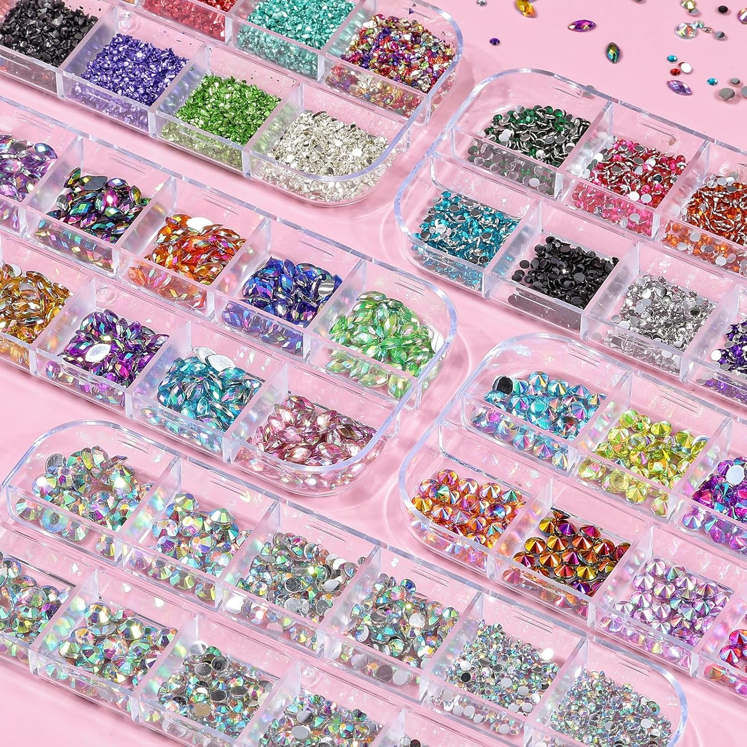 5 Boxes Shiny Colorful Nail Art Rhinestones Kit 3D Flatback Horse Eye Rhinestones Irregular Nail Stone and 4 Sheets Flower Nail Stickers with a Curved Tweezers and a Nail Brush (Multicolor)