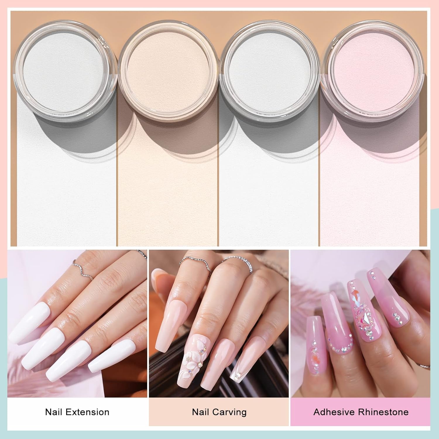 Acrylic Nail Powder Set: 4 Colors Clear Nude Pink White Acrylic Powder Colored Acrylic Nail Powder for Acrylic Nail Extension Carving