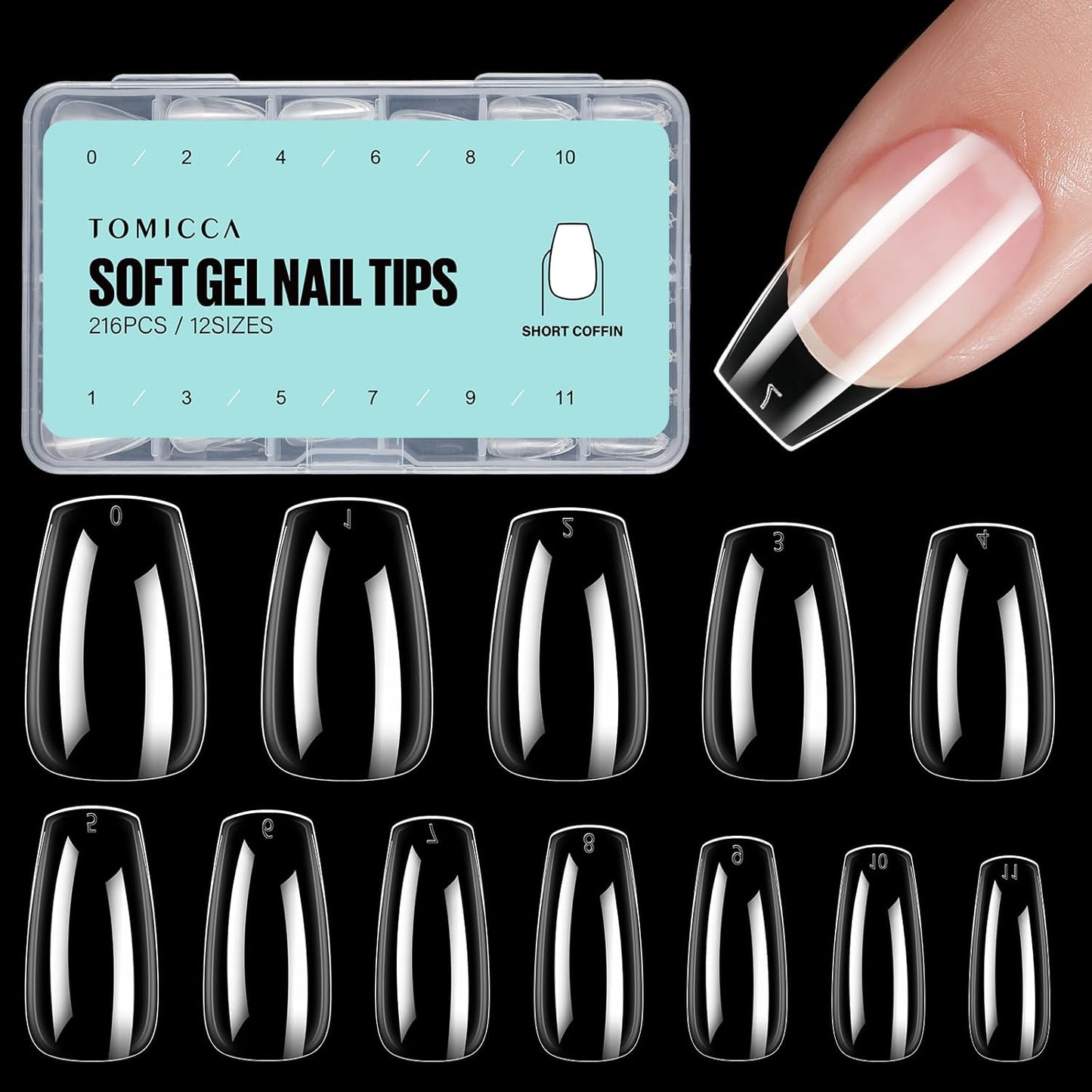 Coffin Acrylic Nails - Clear Short Coffin Nails, 216Pcs Fake False Nails for Nail Extension, Soft Gel Press on Nails for Beginners and Professional