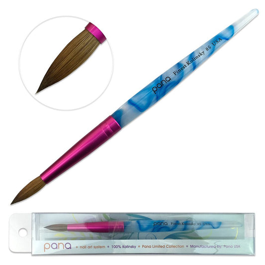 USA Acrylic Nail Brush Pure Kolinsky Hair Acrylic White Swirl Blue Handle with Pink Ferrule round Shaped - Size 8